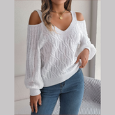 Ombretta - White Cold Shoulder V Neck Sweater